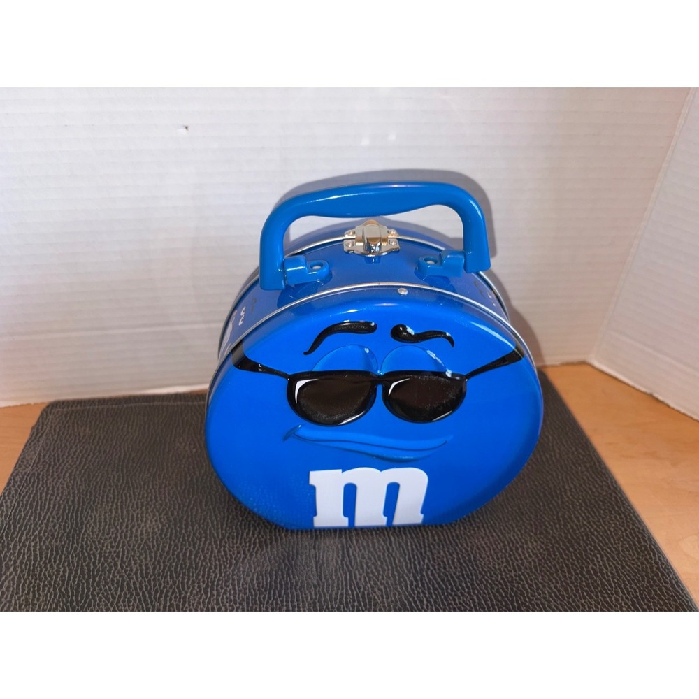 Vintage Blue M&M Character Metal Lunchbox Tin with Handle Glasses